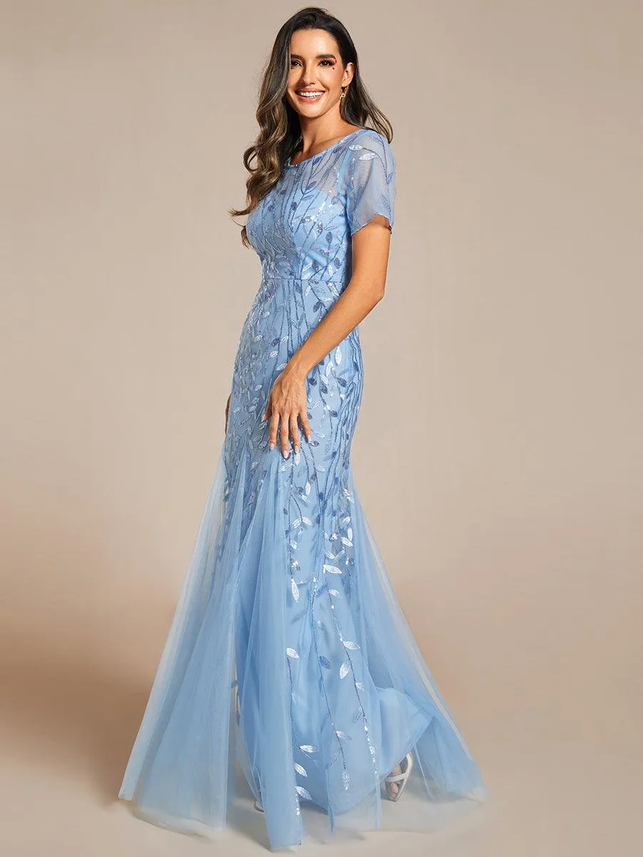 Robe Sirène Grande Taille en Tulle à Imprimé Floral et Paillettes