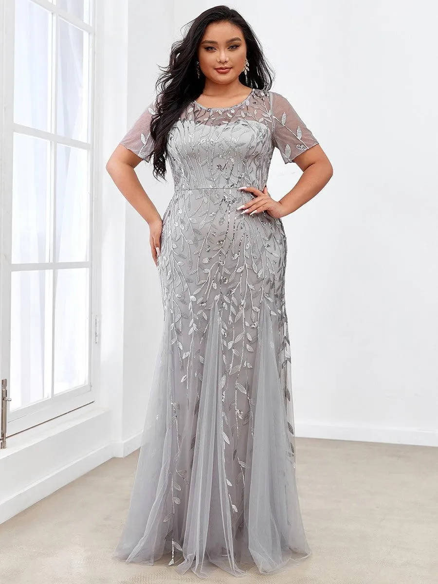 Robe Sirène Grande Taille en Tulle à Imprimé Floral et Paillettes