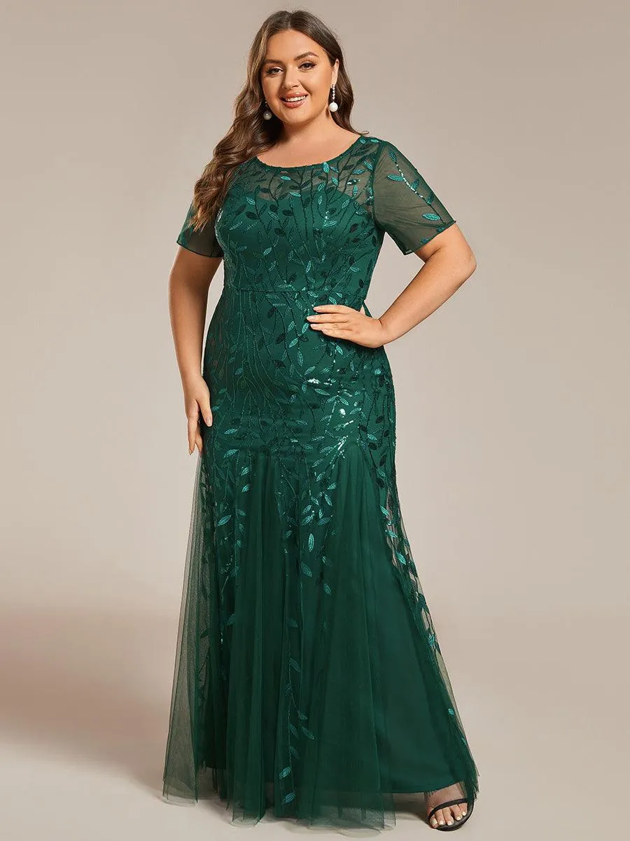 Robe Sirène Grande Taille en Tulle à Imprimé Floral et Paillettes