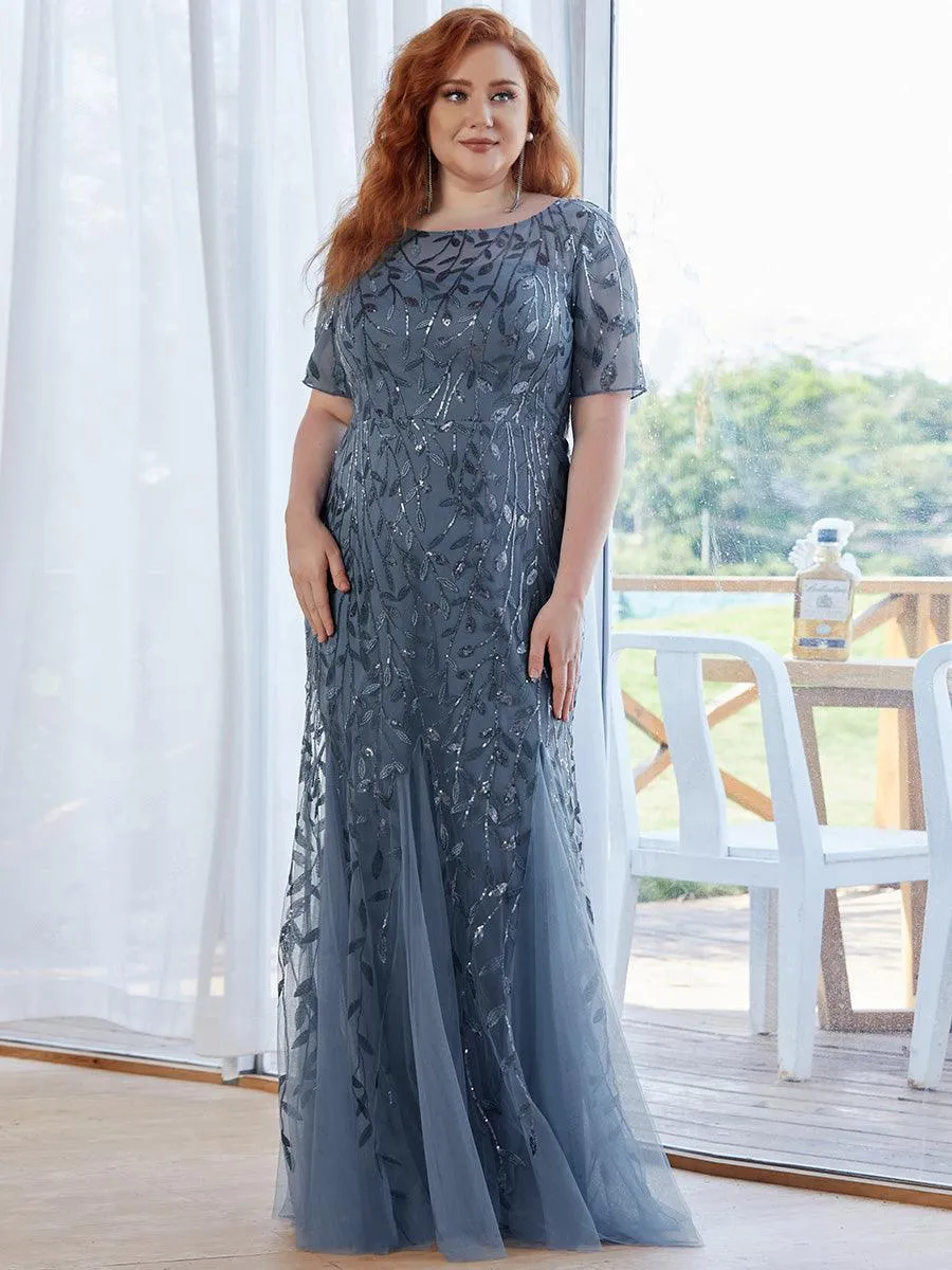 Robe Sirène Grande Taille en Tulle à Imprimé Floral et Paillettes