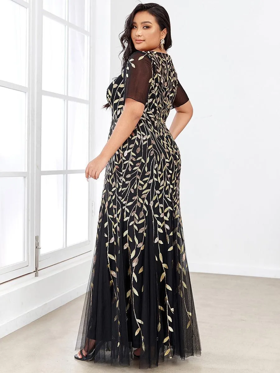 Robe Sirène Grande Taille en Tulle à Imprimé Floral et Paillettes