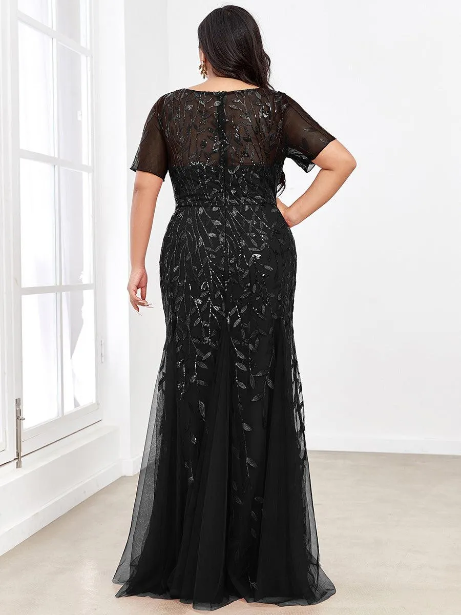 Robe Sirène Grande Taille en Tulle à Imprimé Floral et Paillettes