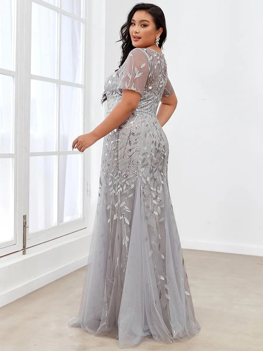 Robe Sirène Grande Taille en Tulle à Imprimé Floral et Paillettes