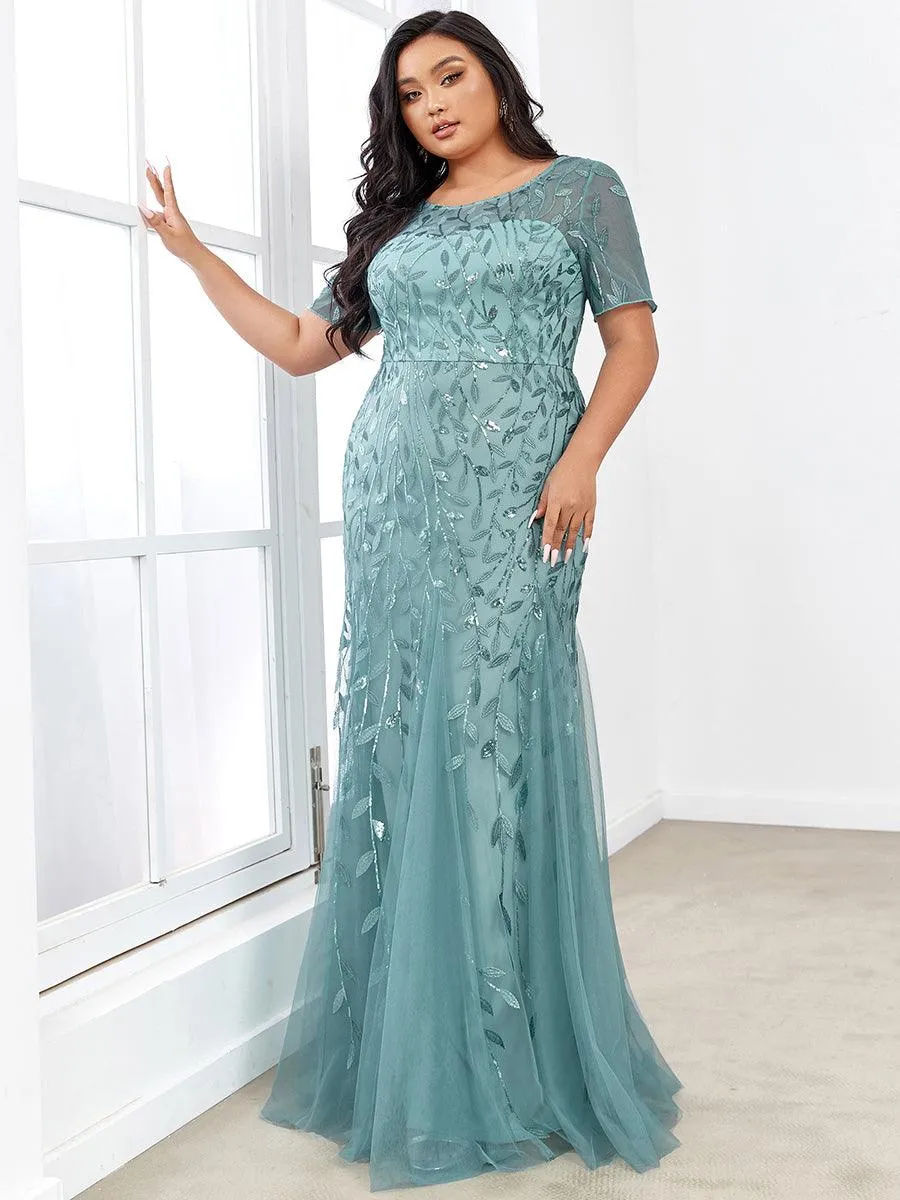 Robe Sirène Grande Taille en Tulle à Imprimé Floral et Paillettes