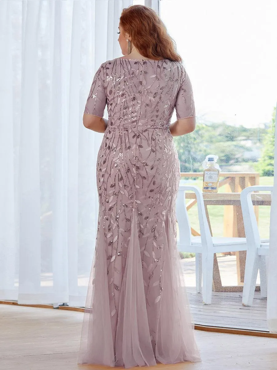 Robe Sirène Grande Taille en Tulle à Imprimé Floral et Paillettes
