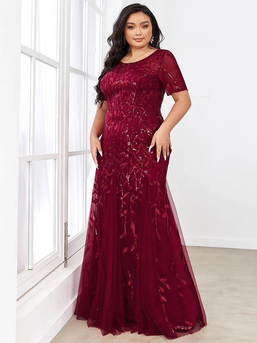 Robe Sirène Grande Taille en Tulle à Imprimé Floral et Paillettes