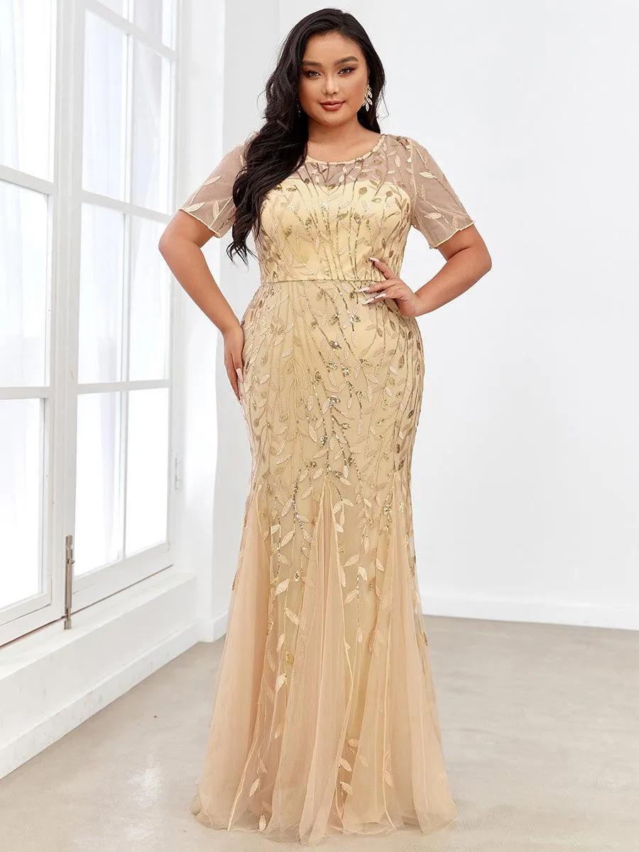 Robe Sirène Grande Taille en Tulle à Imprimé Floral et Paillettes