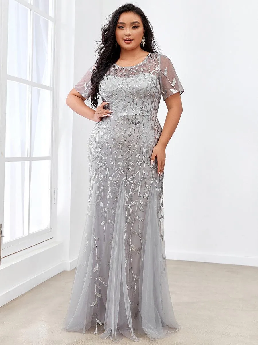 Robe Sirène Grande Taille en Tulle à Imprimé Floral et Paillettes