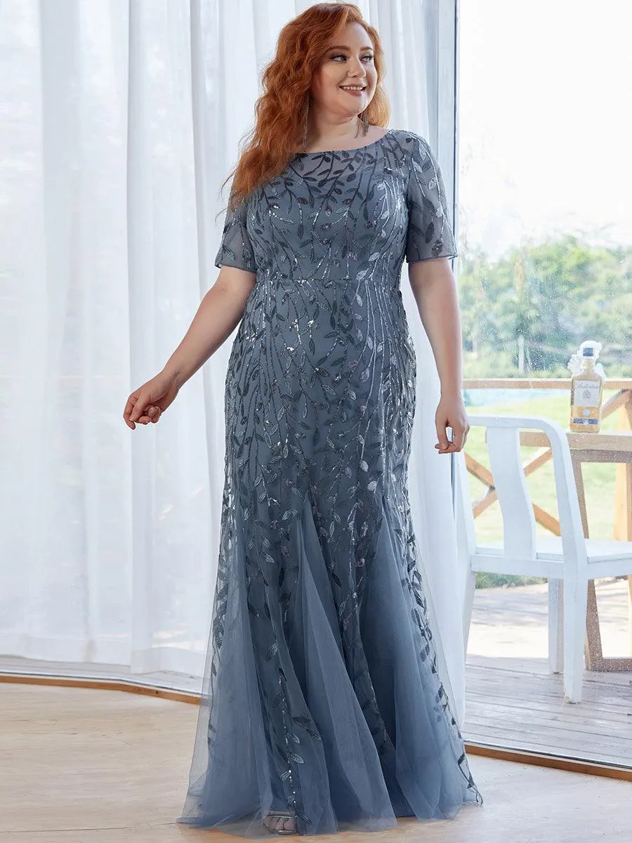 Robe Sirène Grande Taille en Tulle à Imprimé Floral et Paillettes