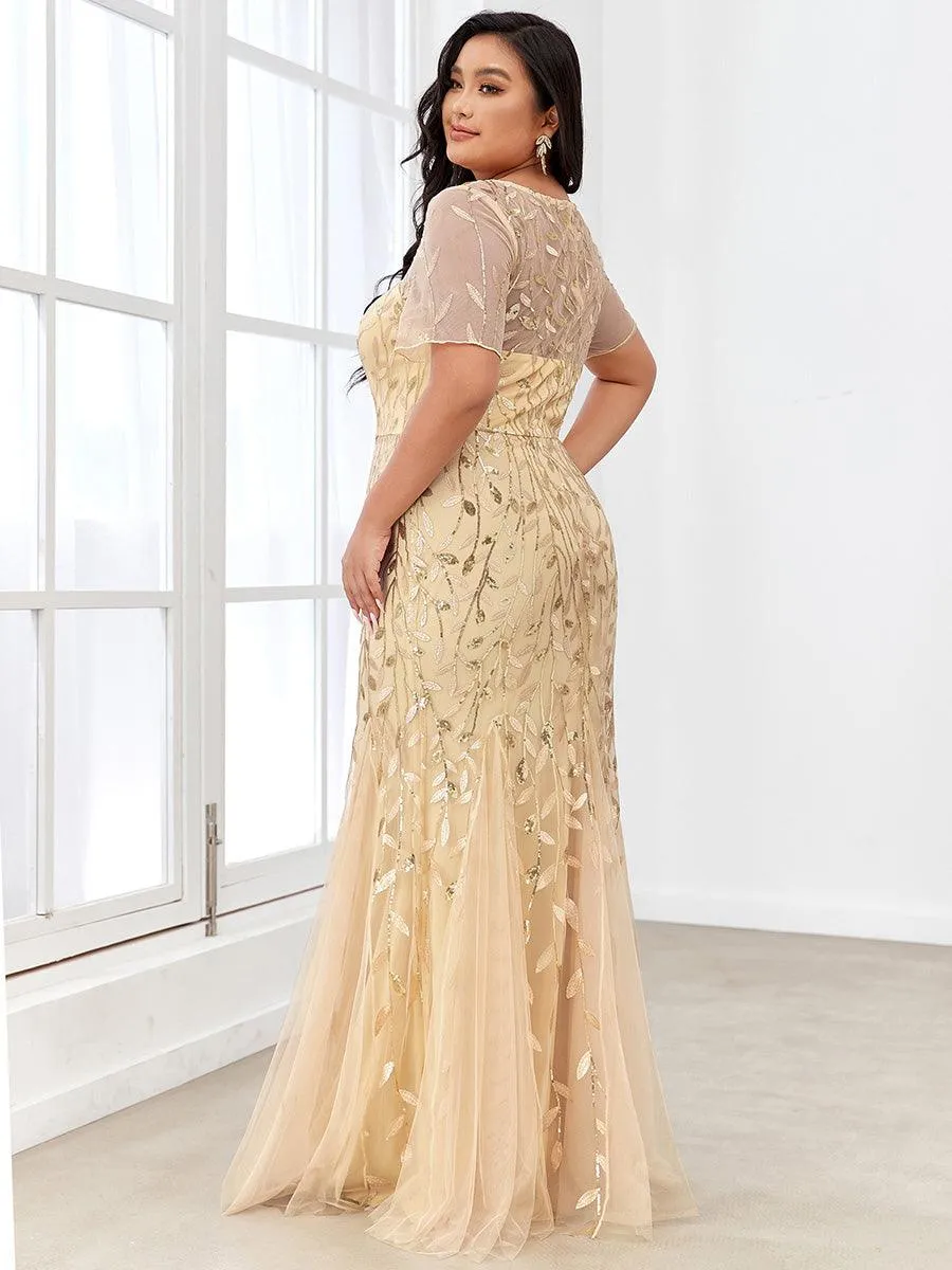 Robe Sirène Grande Taille en Tulle à Imprimé Floral et Paillettes