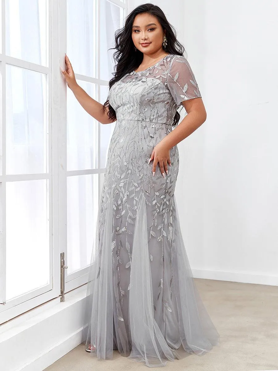 Robe Sirène Grande Taille en Tulle à Imprimé Floral et Paillettes