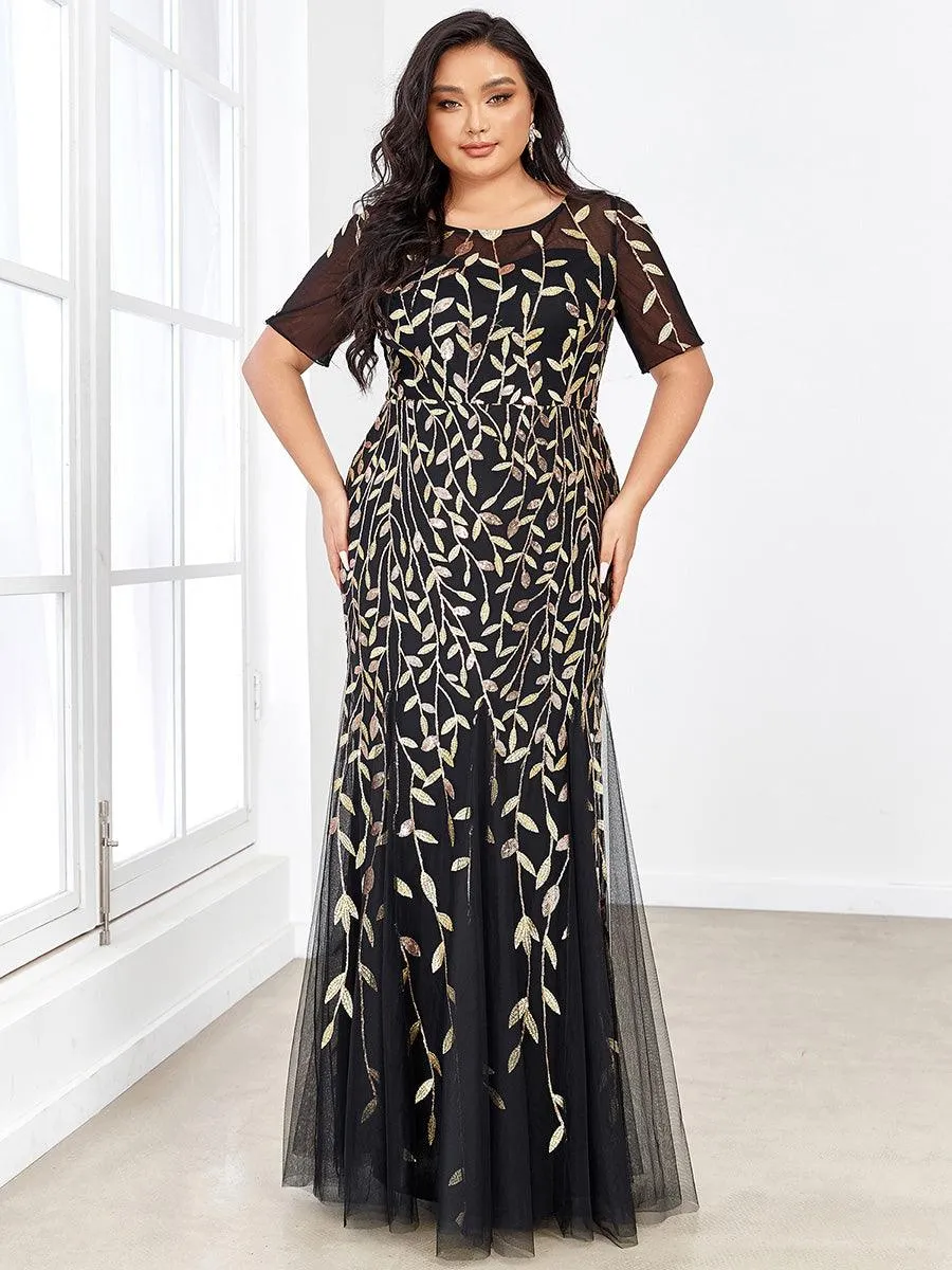 Robe Sirène Grande Taille en Tulle à Imprimé Floral et Paillettes