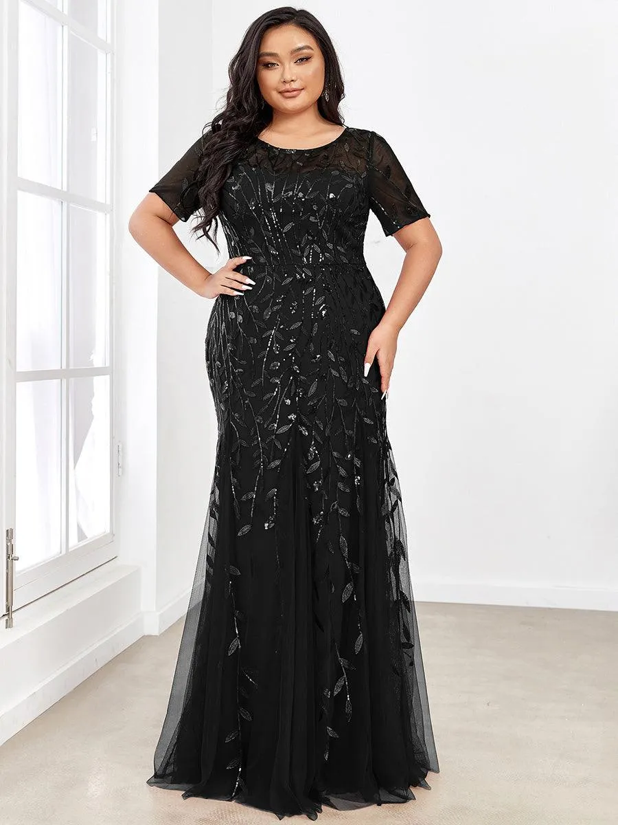 Robe Sirène Grande Taille en Tulle à Imprimé Floral et Paillettes