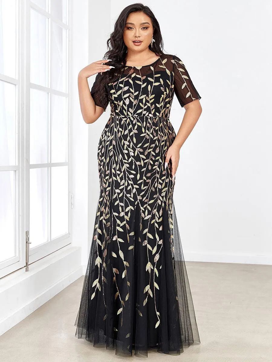 Robe Sirène Grande Taille en Tulle à Imprimé Floral et Paillettes