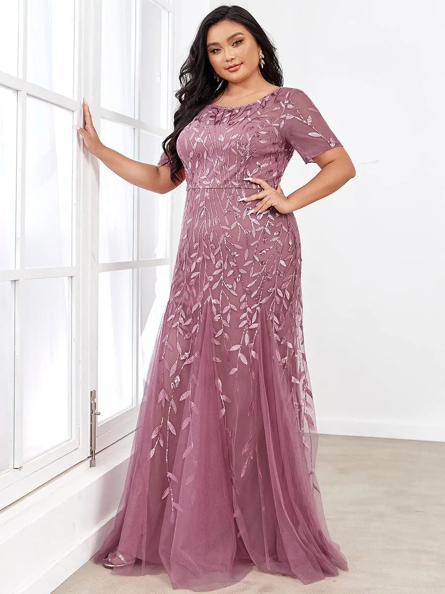 Robe Sirène Grande Taille en Tulle à Imprimé Floral et Paillettes