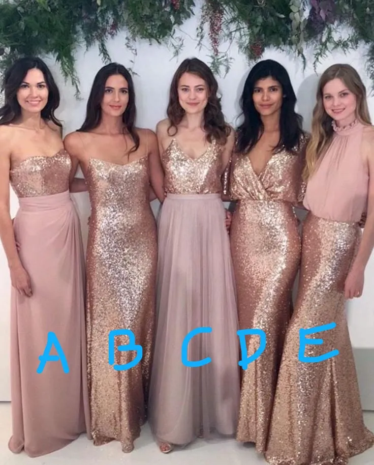 rose pink mismatched bridesmaid dresses long sequin cheap custom wedding party dress 2020