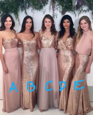 rose pink mismatched bridesmaid dresses long sequin cheap custom wedding party dress 2020