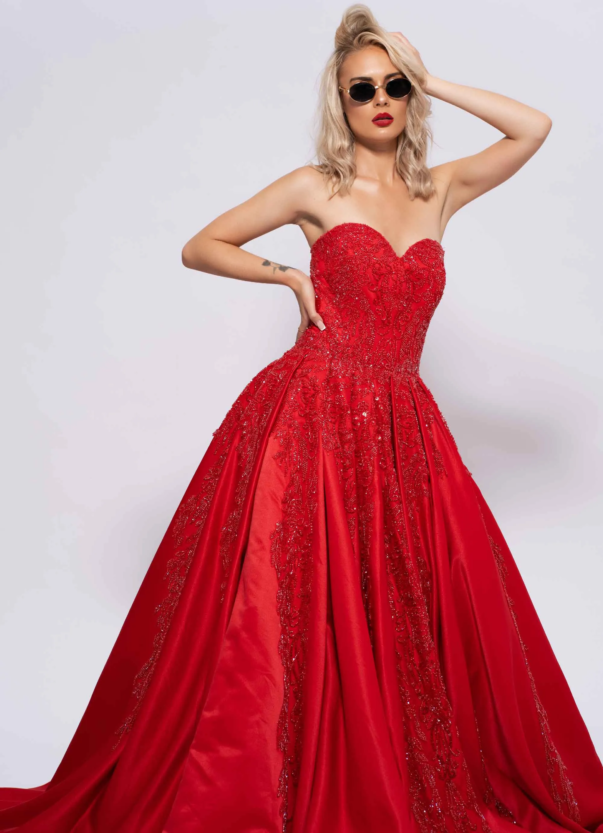 ROUGE-BELLE RED BANDEAU GOWN WITH TRAIL