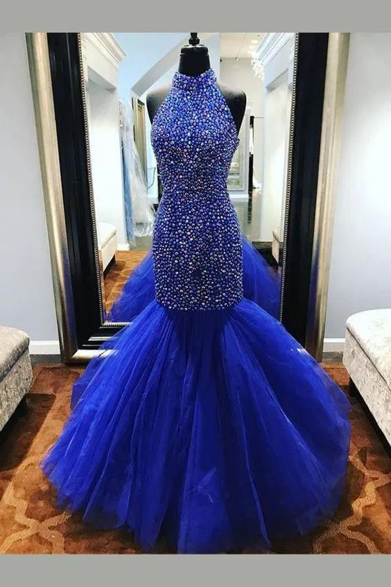 Royal Blue Rhinestones Prom Dress Mermaid Tulle Skirt
