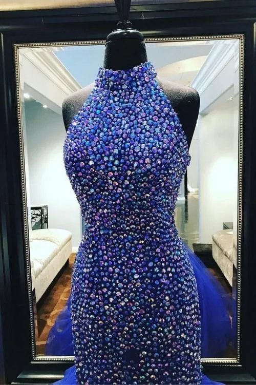Royal Blue Rhinestones Prom Dress Mermaid Tulle Skirt