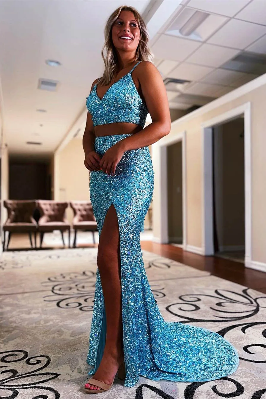 Roycebridal Briana |Two Piece Mermaid Sequins Prom Dress with Slit