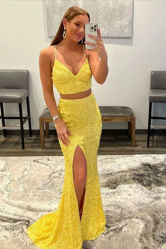 Roycebridal Briana |Two Piece Mermaid Sequins Prom Dress with Slit