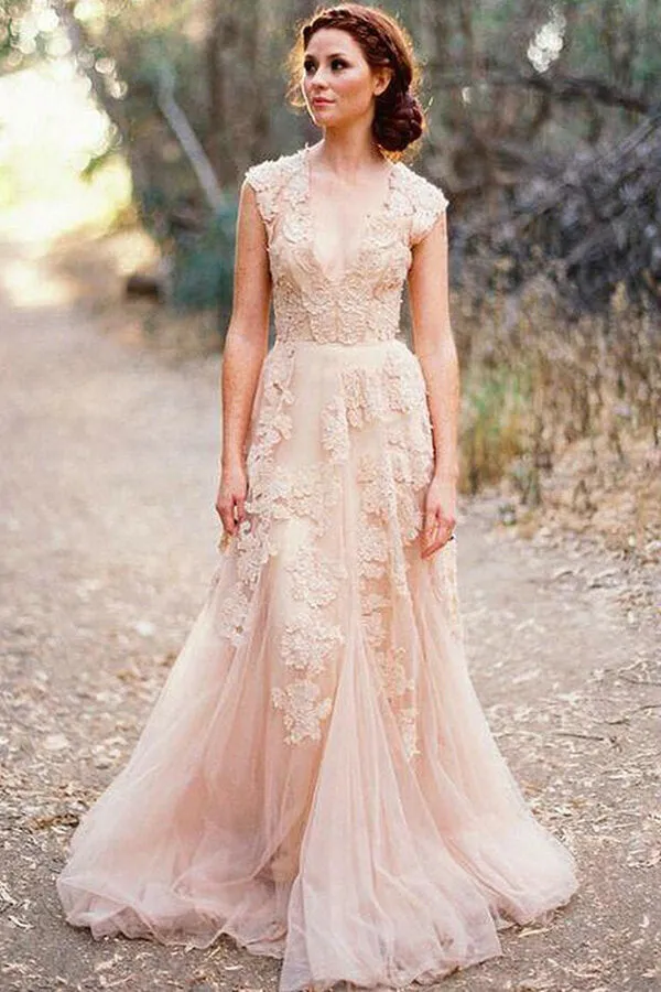 Roycebridal Gorgeous Tulle V-neck Sleeveless Floor-Length Lace Wedding Dresss with Appliques, MW246