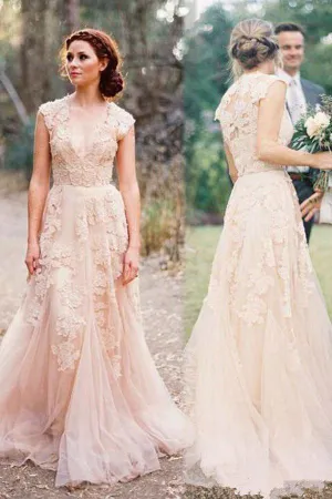 Roycebridal Gorgeous Tulle V-neck Sleeveless Floor-Length Lace Wedding Dresss with Appliques, MW246