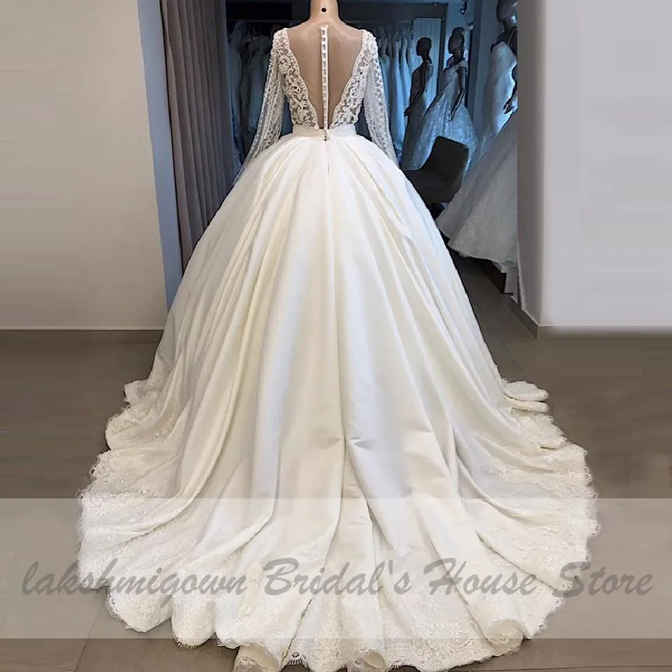 Roycebridal Lakshmigown Saudi Arabic Pearls Ball Gown Satin Wedding Dresses