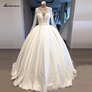 Roycebridal Lakshmigown Saudi Arabic Pearls Ball Gown Satin Wedding Dresses