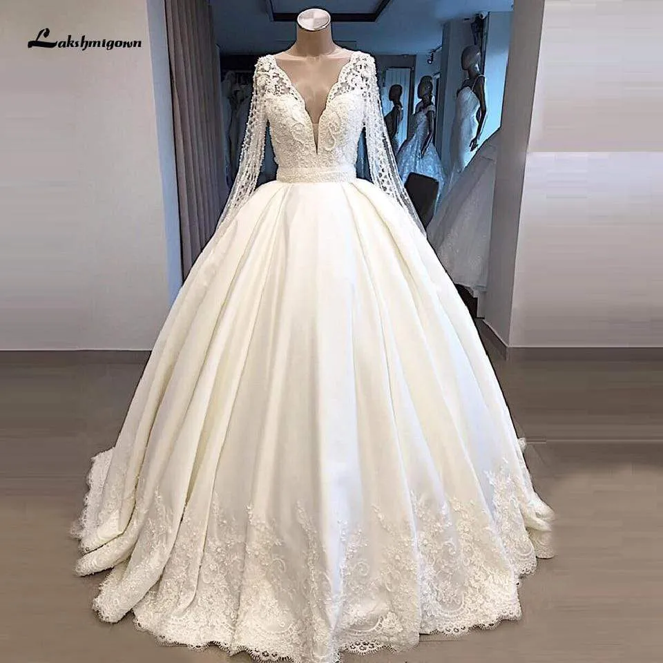 Roycebridal Lakshmigown Saudi Arabic Pearls Ball Gown Satin Wedding Dresses