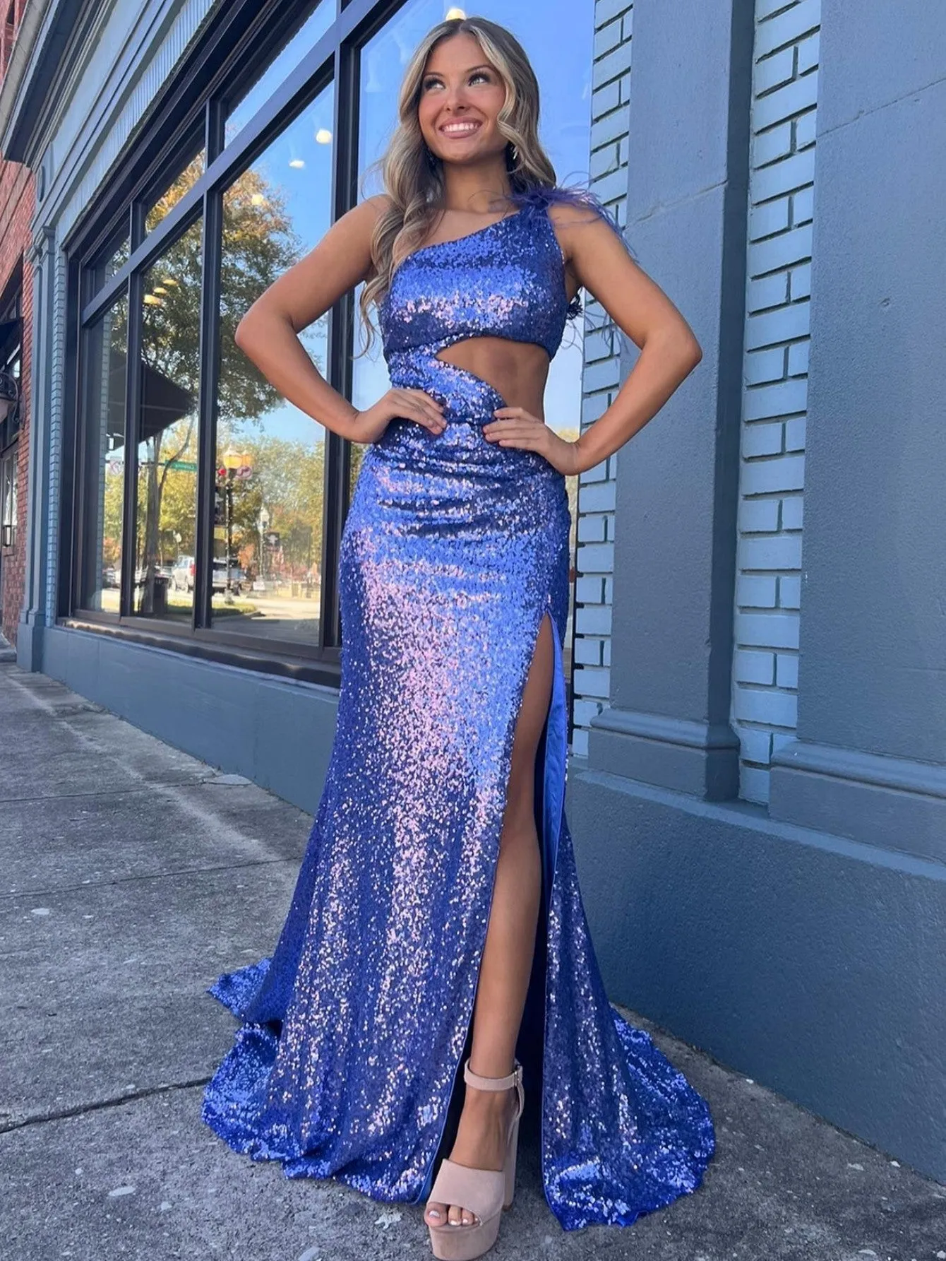 Roycebridal One Shoulder Sparkly Unique Black Mermaid Prom Dress