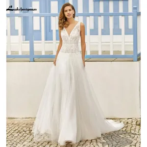 Roycebridal Sexy Backless Deep v neck Bridal Gowns Summer Wedding Dress