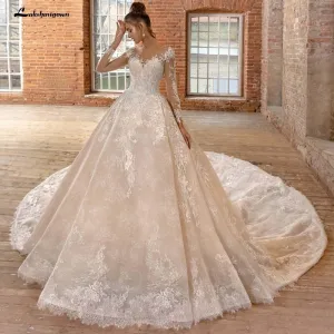 Roycebridal V Neck Long Sleeve Two Pieces Lace Wedding Dresses