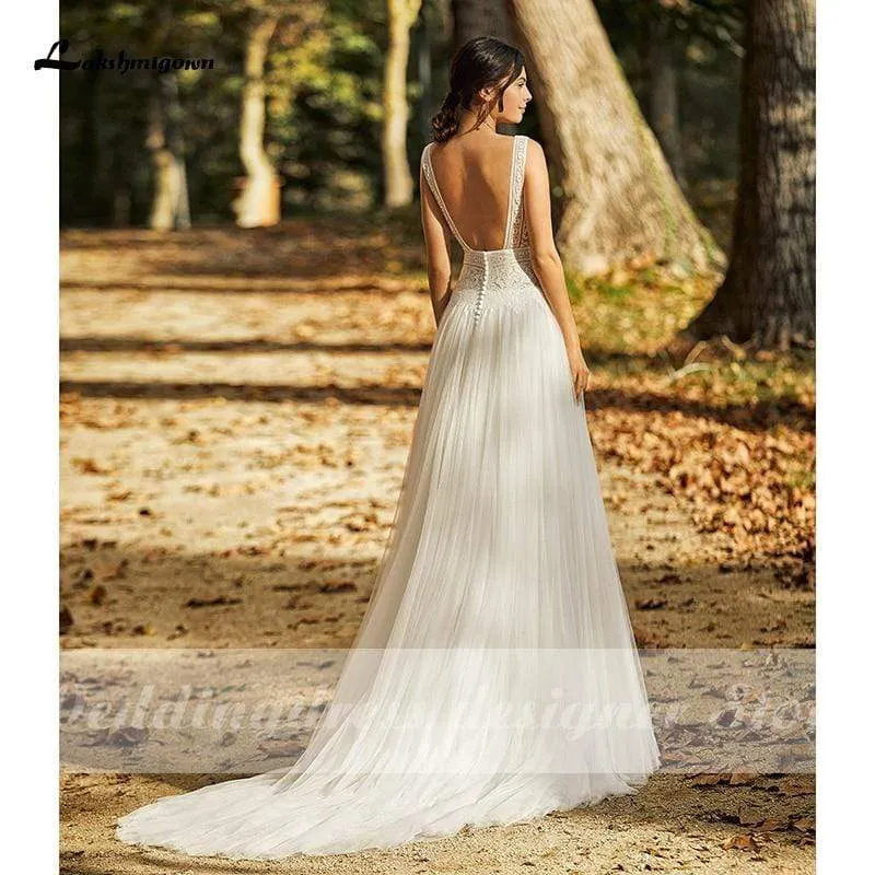 Roycebridal Wedding Dresses Open Back Lace Tulle Bridal Gown Scoop Neck
