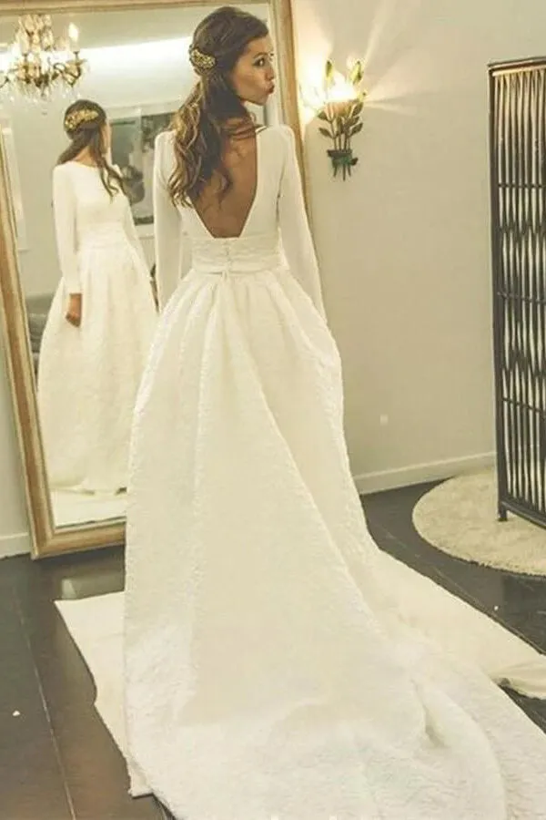 Roycebridal White Ball Gown Long Sleeves Backless Wedding Dresses With Pocket, MW968