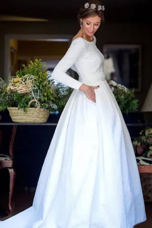 Roycebridal White Ball Gown Long Sleeves Backless Wedding Dresses With Pocket, MW968