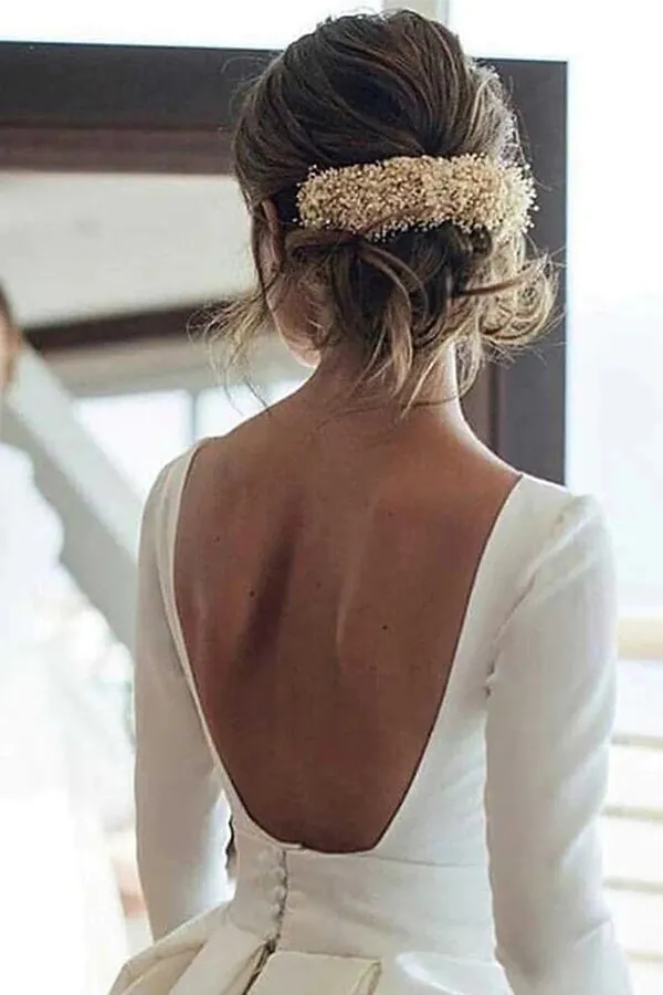 Roycebridal White Ball Gown Long Sleeves Backless Wedding Dresses With Pocket, MW968