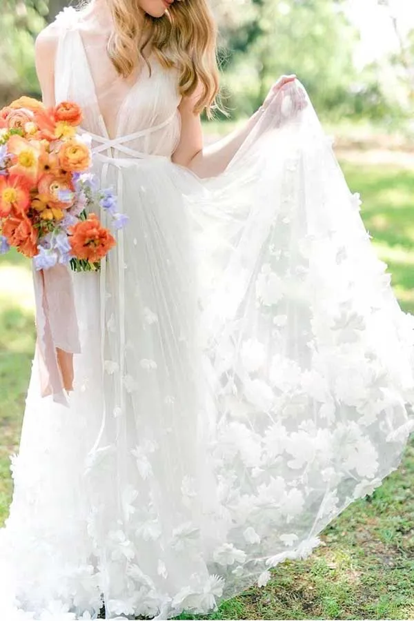 Roycebridal White Tulle A-line V-neck Flowers Beach Wedding Dresses, Bridal Gowns, MW730