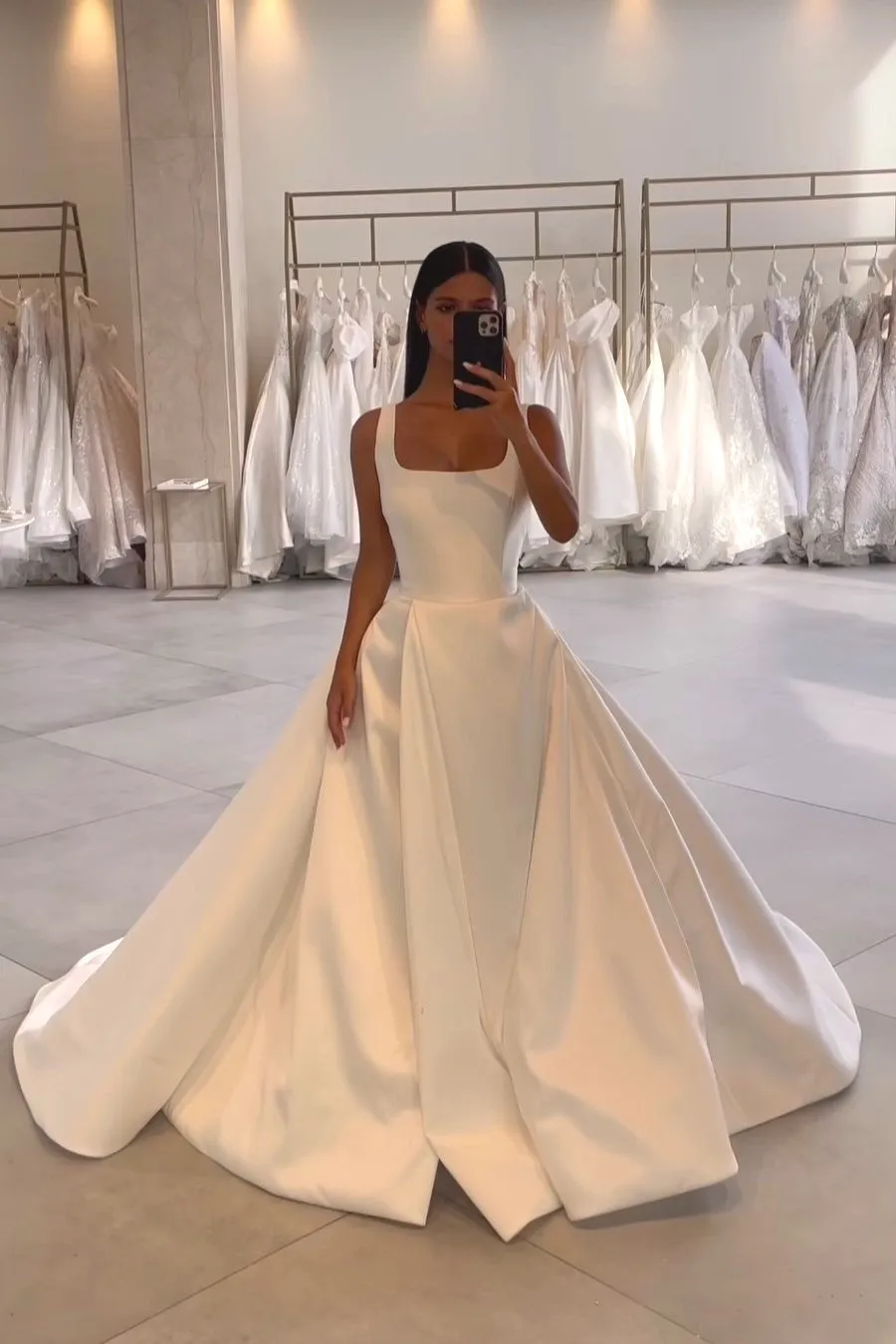 Satin Ivory Wedding Dresses Square Neckline