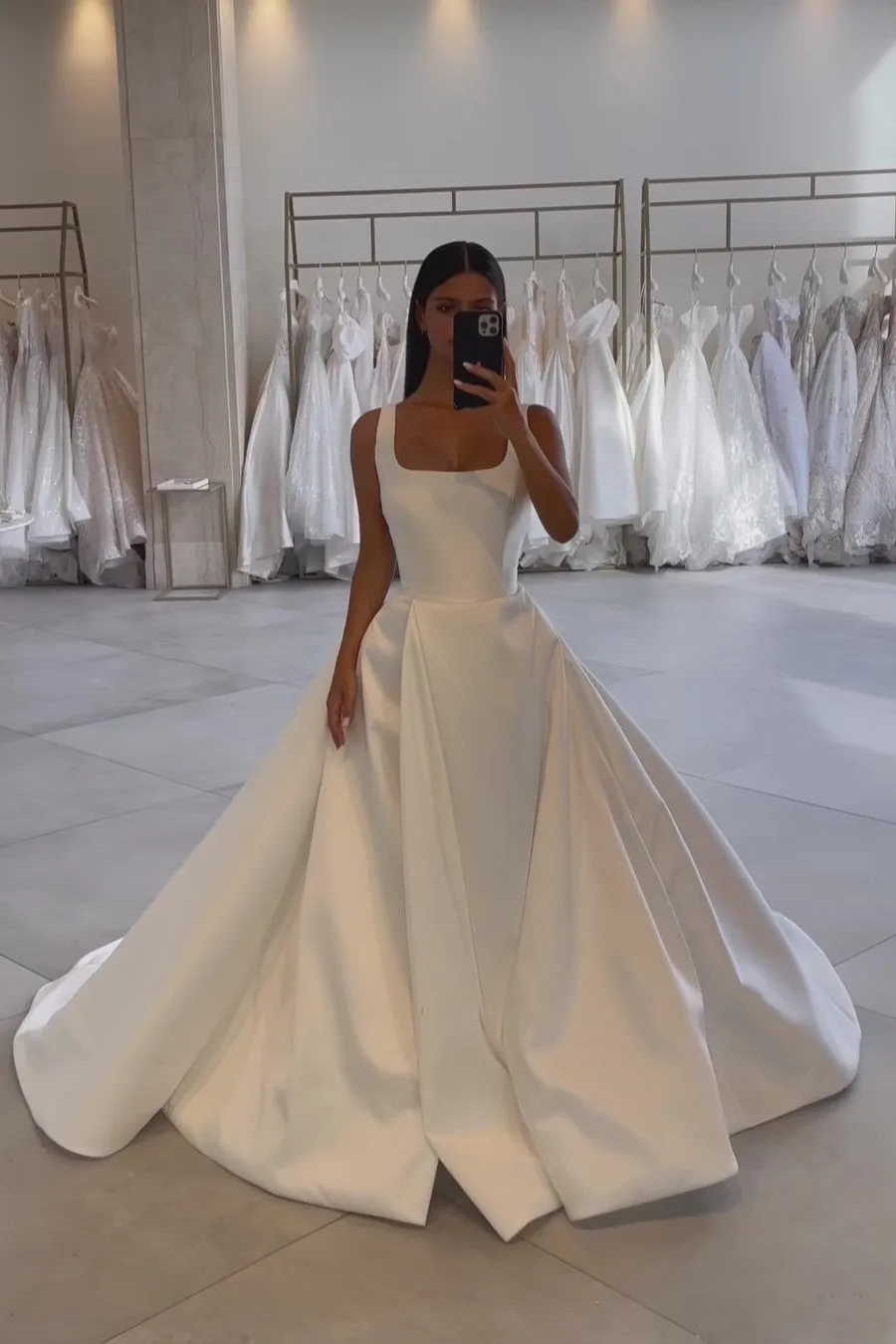 Satin Ivory Wedding Dresses Square Neckline