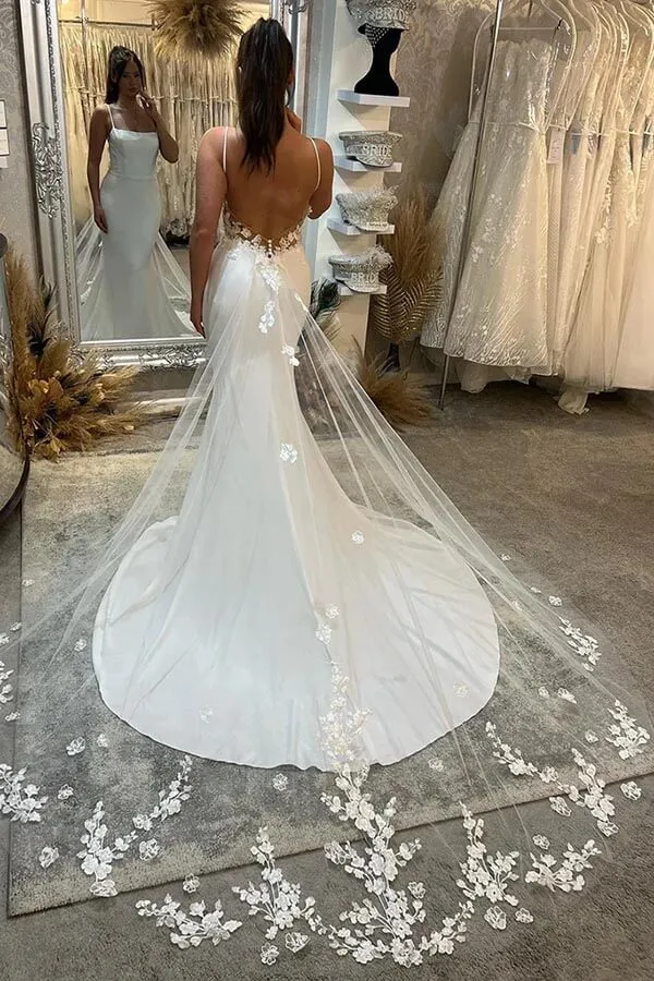 Satin Mermaid Spaghetti Straps Court Train Wedding Dresses, Bridal Gown, MW903