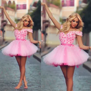 short ball gown pink handmade flowers puffy cute cheap prom dresses graduation dresses