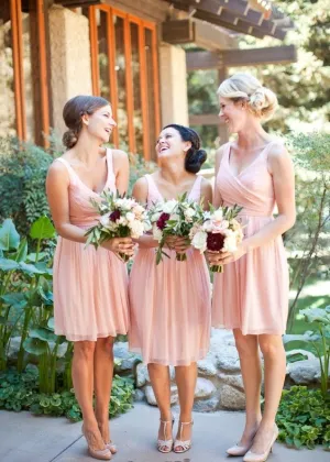 short bridesmaid dresses 2020 pink v neck knee length chiffon a line wedding guest dress