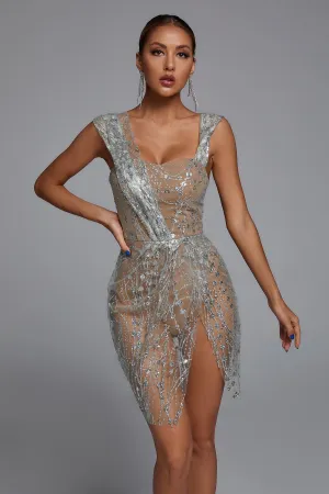 Silver Glitter Mesh Mini Dress - Miss Molly brand