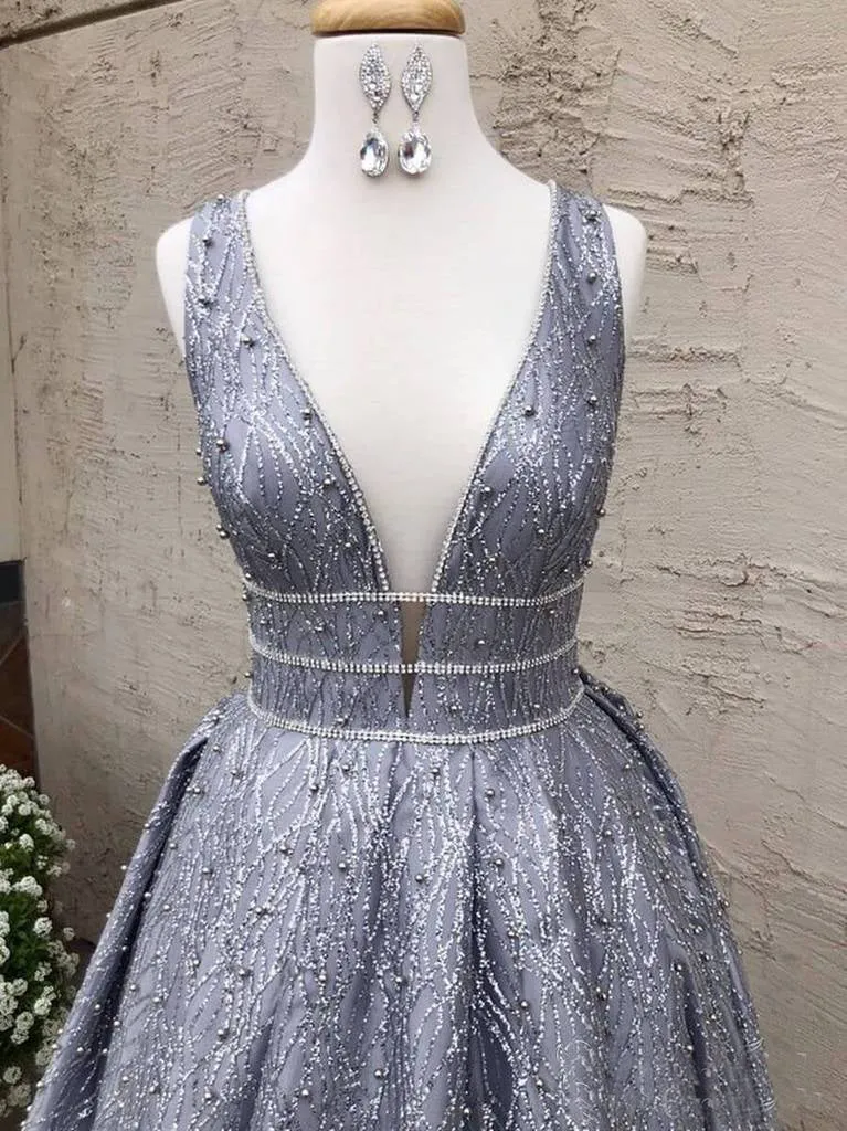 Silver Sequin Lace Beading Ball Gown Sleeveless Prom Dresses.PD00264