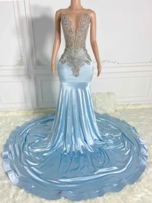 Sky Blue Hollow Out and Rhinestone Sleeveless Maxi Gown