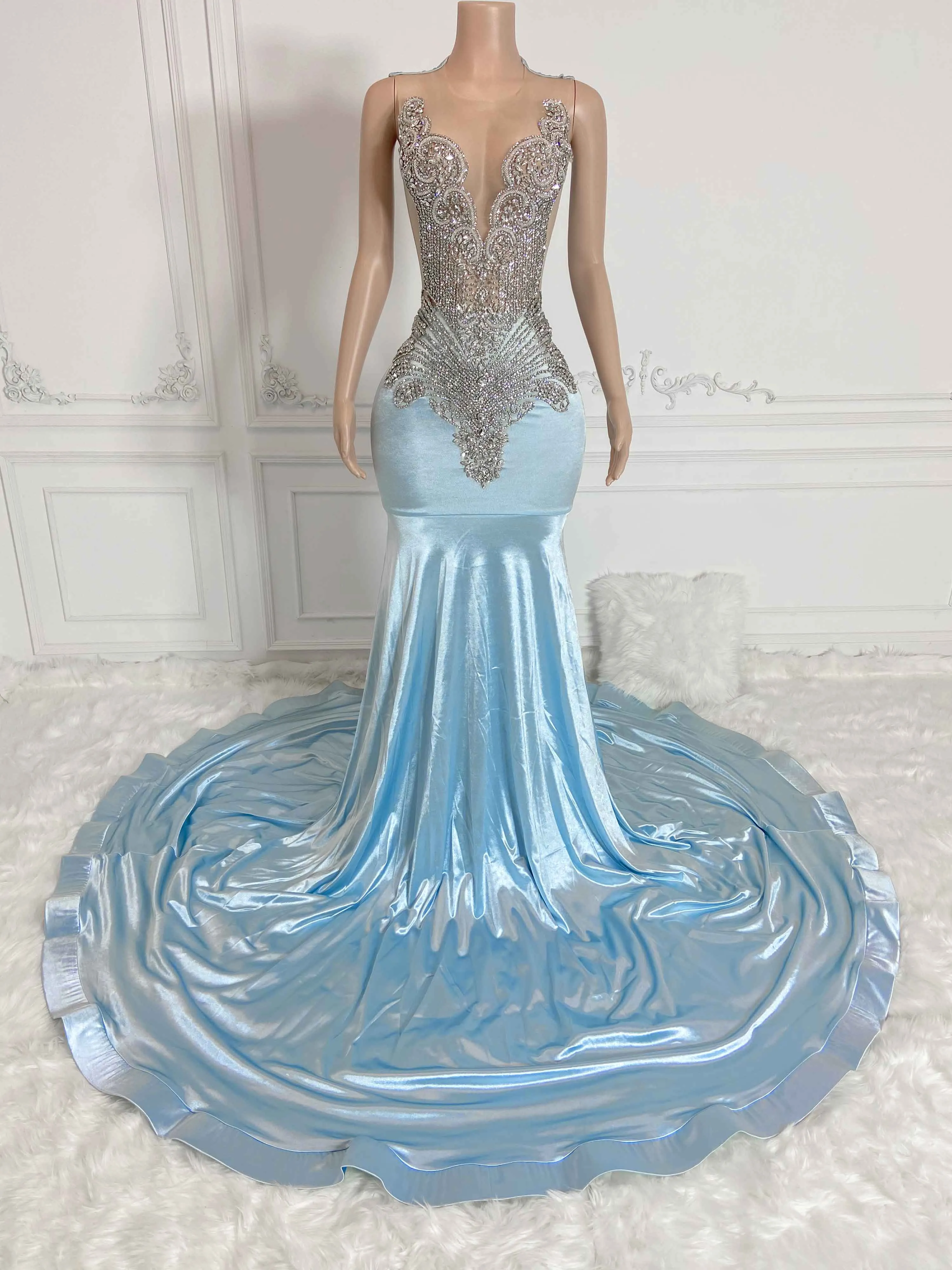 Sky Blue Hollow Out and Rhinestone Sleeveless Maxi Gown