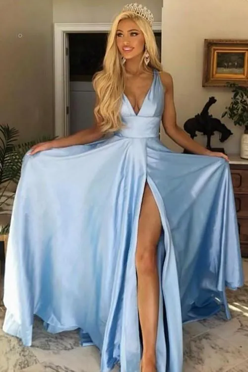 Sky-blue Long Party Dress with High Leg Slit Side
