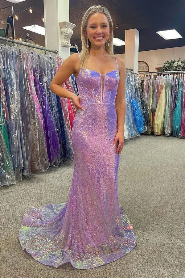 Sparkly Mermaid Spaghetti Straps V-neck Long Prom Dresses With Train, MP860